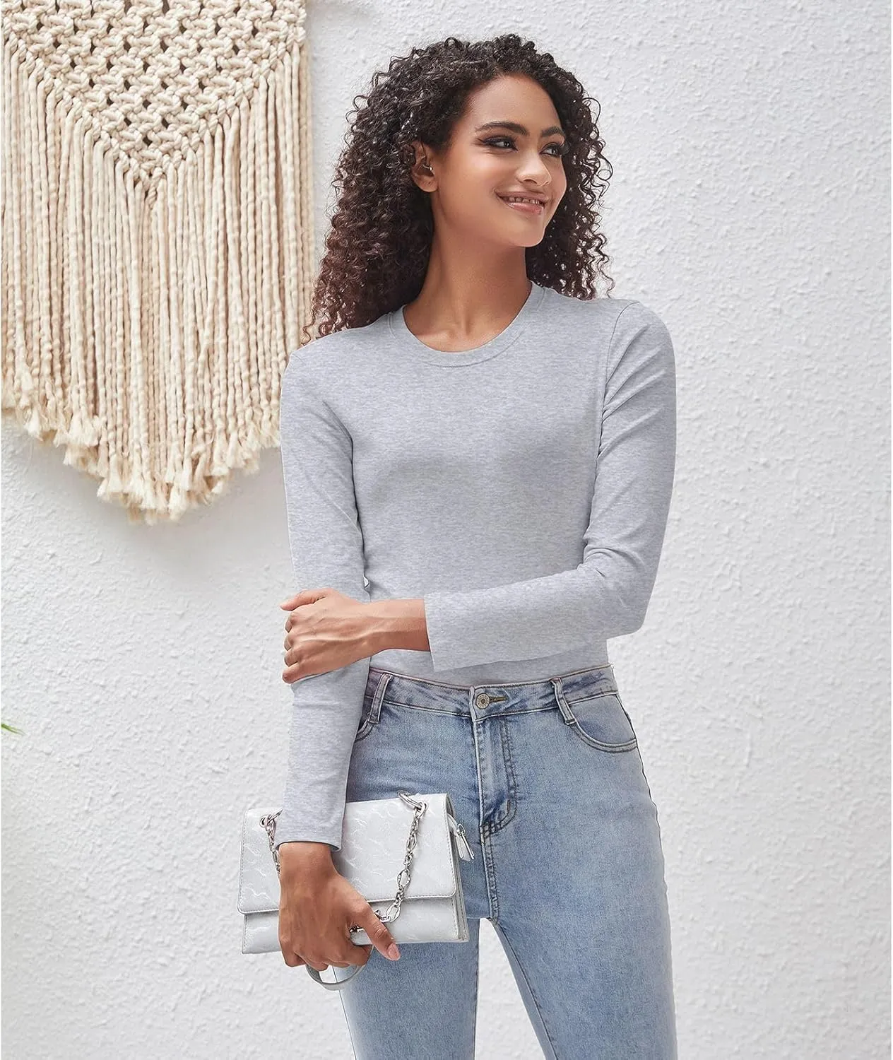 Cotton Long Sleeve Tee Shirts for Women Slim Fit Tshirts Basic Tops Tight Crewneck Layering Undershirts