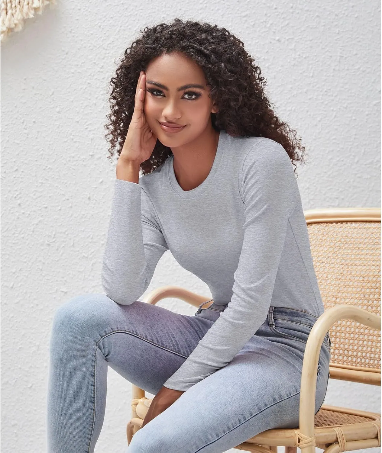 Cotton Long Sleeve Tee Shirts for Women Slim Fit Tshirts Basic Tops Tight Crewneck Layering Undershirts