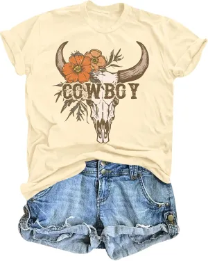 Cow Skull Shirts for Women Western Cowgirl Tshirt Vintage Rodeo Country Concert Outfit Cowboy Graphic Tee Tops