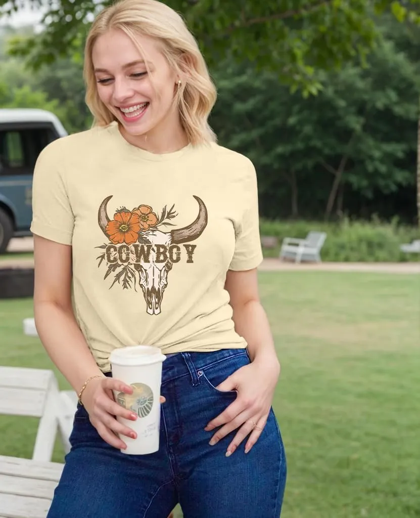 Cow Skull Shirts for Women Western Cowgirl Tshirt Vintage Rodeo Country Concert Outfit Cowboy Graphic Tee Tops