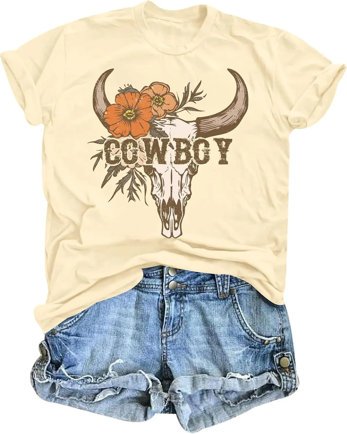 Cow Skull Shirts for Women Western Cowgirl Tshirt Vintage Rodeo Country Concert Outfit Cowboy Graphic Tee Tops