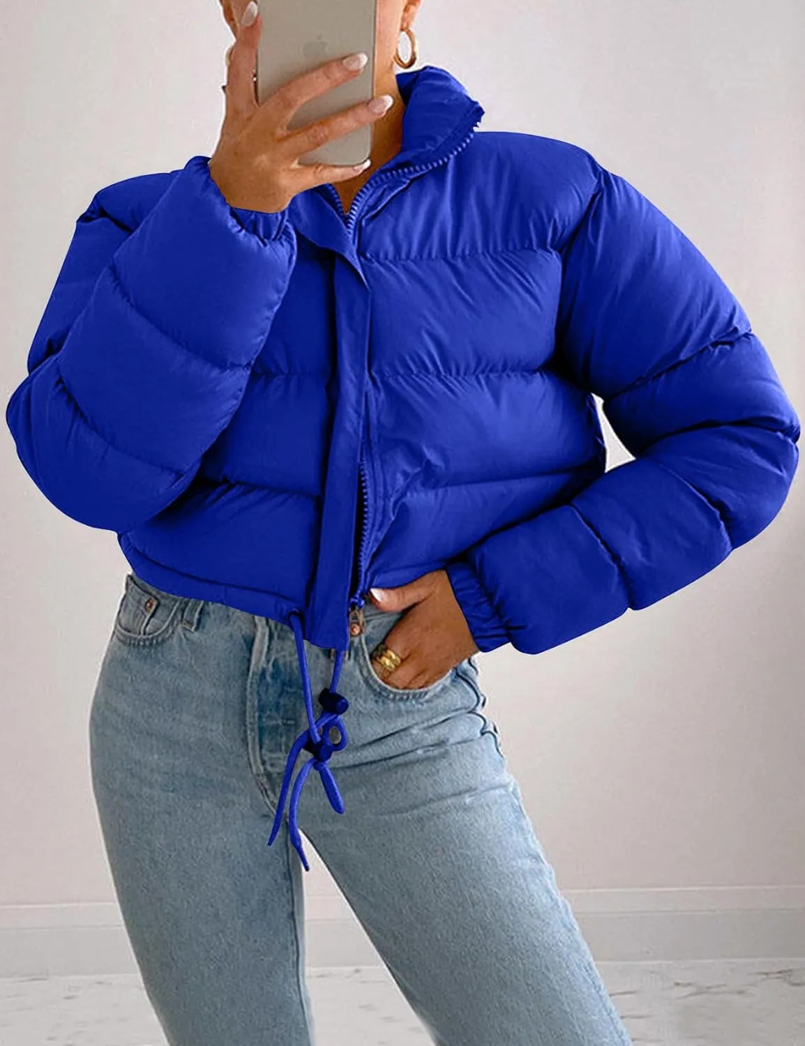 COZYPOIN Women Quilted Down Jacket Stand Collar Long Sleeve Zipper Cropped Puffer Jacket Coat