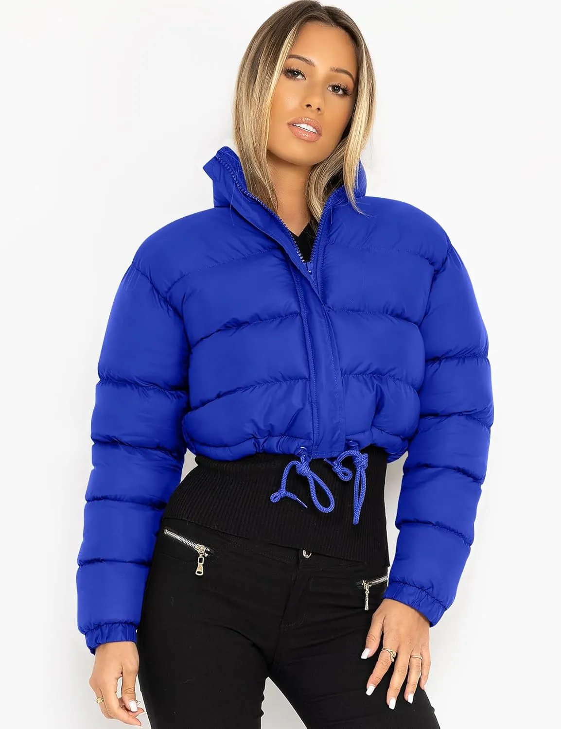 COZYPOIN Women Quilted Down Jacket Stand Collar Long Sleeve Zipper Cropped Puffer Jacket Coat