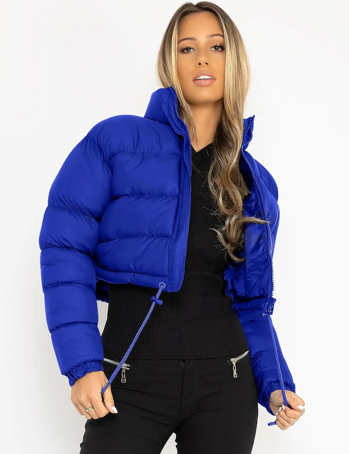 COZYPOIN Women Quilted Down Jacket Stand Collar Long Sleeve Zipper Cropped Puffer Jacket Coat