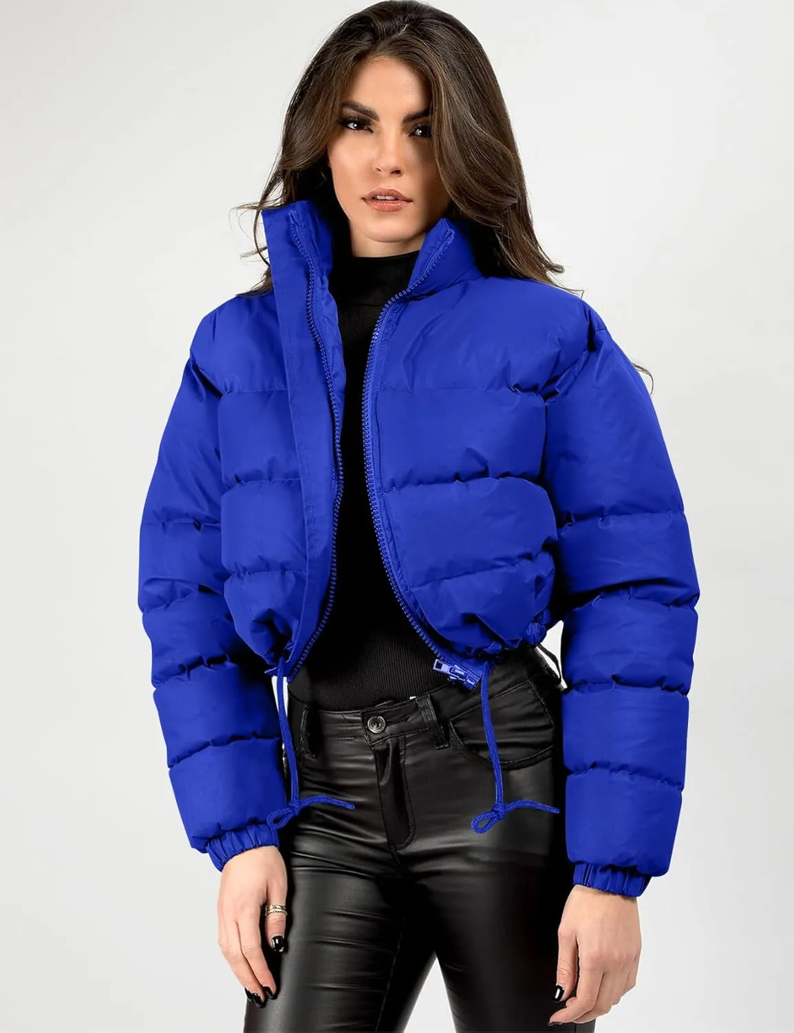 COZYPOIN Women Quilted Down Jacket Stand Collar Long Sleeve Zipper Cropped Puffer Jacket Coat