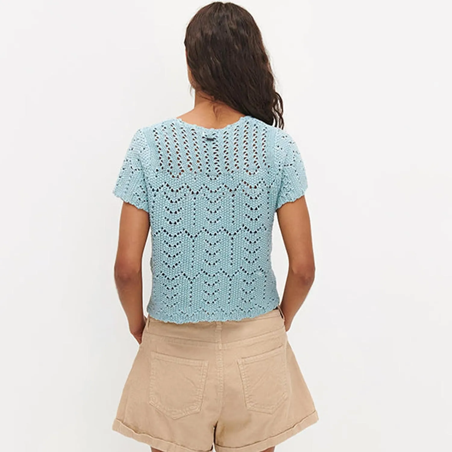 Crochet Tops for Women Knitted Summer Vest Hollow Out Button Down Shirts Short Sleeve Crop Tops Fashion Y2K Tee