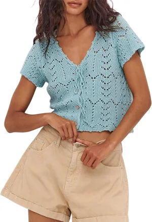 Crochet Tops for Women Knitted Summer Vest Hollow Out Button Down Shirts Short Sleeve Crop Tops Fashion Y2K Tee