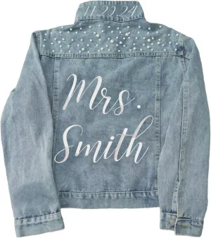 Custom Pearl Outfits For Women, Pearl Denim Jacket, Custom Jean Jacket, Jean Jackets For Women Trendy, Wedding Jackets For Bride, Engagement Photo Outfits For Women