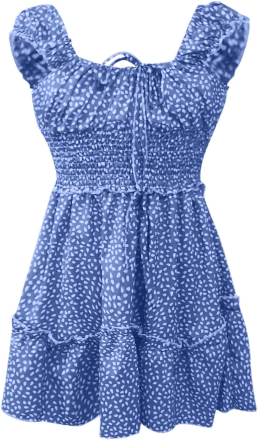 Cute Dresses for Women Ruffle Sleeve Sweetheart Neckline Printing Dress Elastic High Waist A-line Mini Sundress