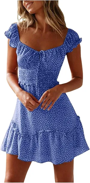 Cute Dresses for Women Ruffle Sleeve Sweetheart Neckline Printing Dress Elastic High Waist A-line Mini Sundress