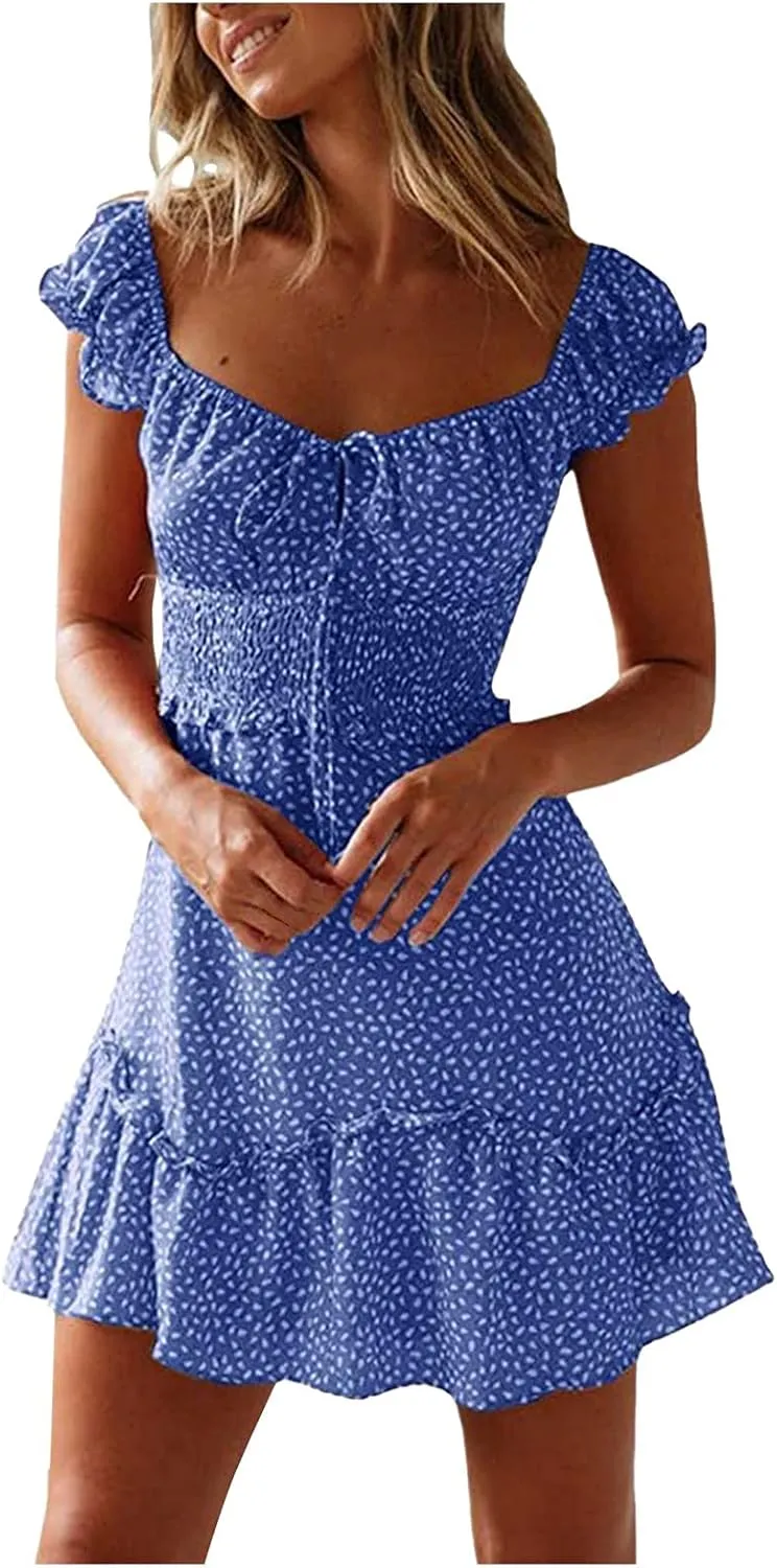 Cute Dresses for Women Ruffle Sleeve Sweetheart Neckline Printing Dress Elastic High Waist A-line Mini Sundress
