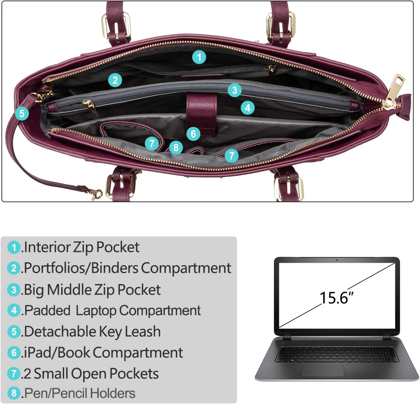 Deep Plum Professional Laptop Tote for Women - Large Computer Bag with Padded Compartment, Fit Up to 15.6 Inch