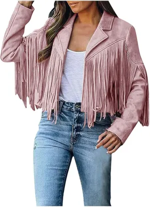 DESKABLY Women Fashion Cropped Tassel Fringe Faux Suede Leather Jacket Fall Winter Long Sleeve Lapel Neck Moto Coat Outwear