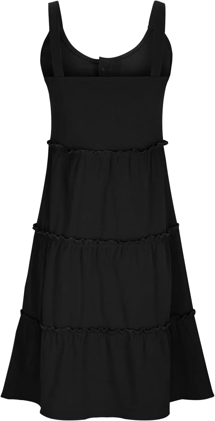 Dresses for Women 2024 Casual Summer Sleeveless Mini Dress Fashion Round Neck Ruffle Henley Dress Beach Boho Dresses
