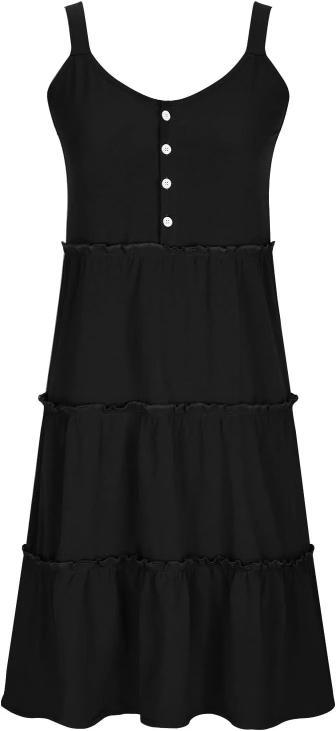 Dresses for Women 2024 Casual Summer Sleeveless Mini Dress Fashion Round Neck Ruffle Henley Dress Beach Boho Dresses