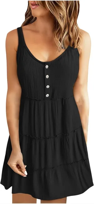 Dresses for Women 2024 Casual Summer Sleeveless Mini Dress Fashion Round Neck Ruffle Henley Dress Beach Boho Dresses