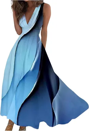 Dresses for Women 2024 Flowy Ruched Floral Print Boho Dress Sleeveless Wrap V Neck Sundresses Trendy Maxi Dress