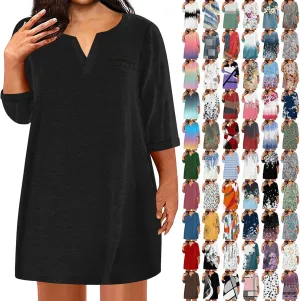 Dresses for Women 2024 Plus Szie 3/4 Length Sleeve Shirt Dress Trendy Loose Fit V Neck Sundress Casual Beach Dress