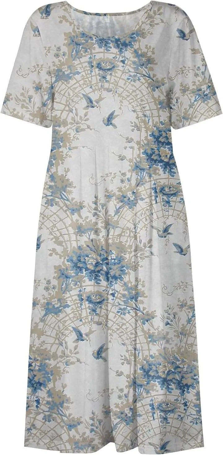 Dresses for Women 2024 Pocket Pleated Long Dresses Printed Short Sleeve Maxi Dress Round Neck Trendy Beach Dress