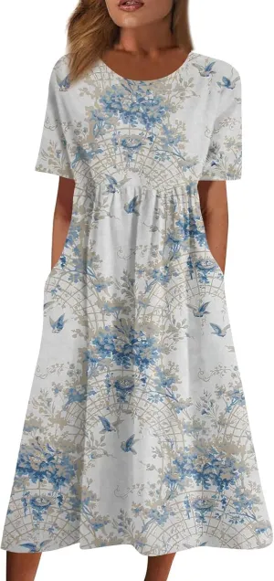 Dresses for Women 2024 Pocket Pleated Long Dresses Printed Short Sleeve Maxi Dress Round Neck Trendy Beach Dress