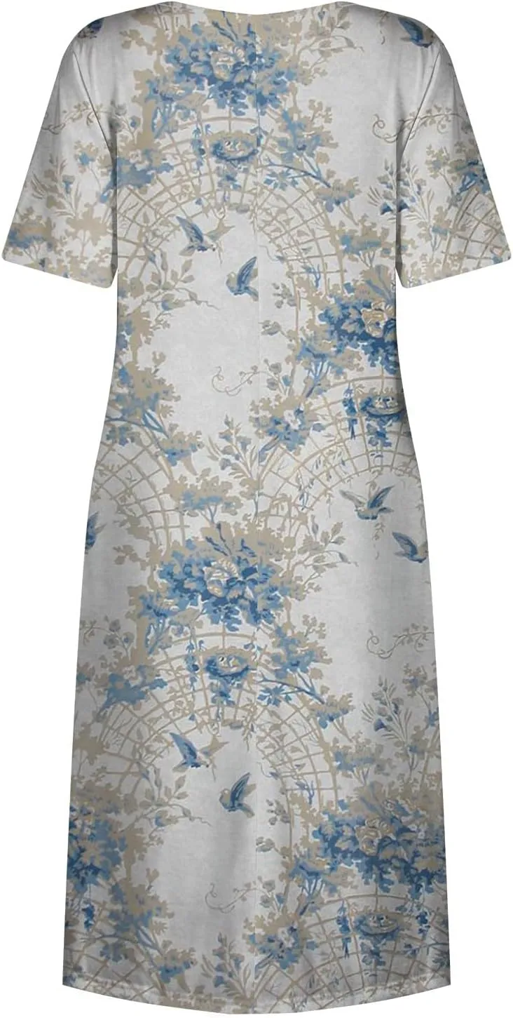 Dresses for Women 2024 Pocket Pleated Long Dresses Printed Short Sleeve Maxi Dress Round Neck Trendy Beach Dress