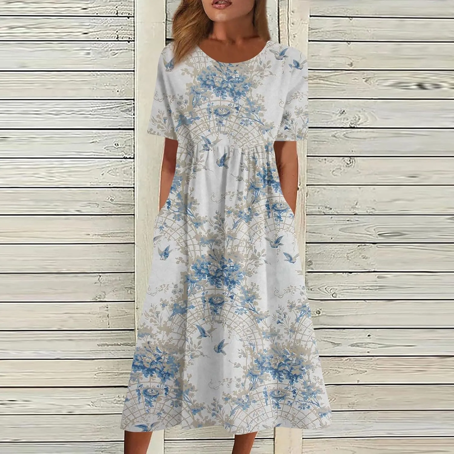 Dresses for Women 2024 Pocket Pleated Long Dresses Printed Short Sleeve Maxi Dress Round Neck Trendy Beach Dress
