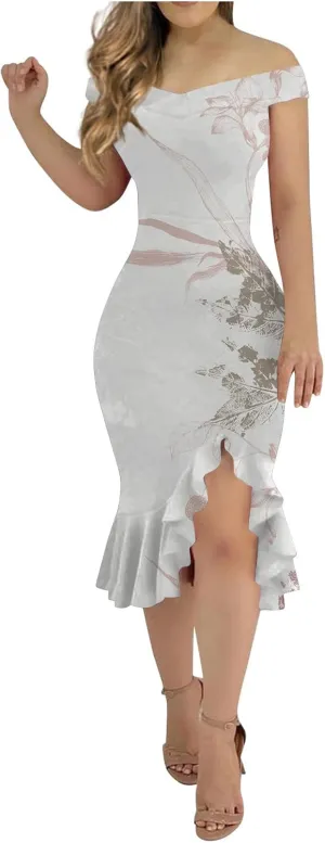 Dresses for Women 2024,Fashion Sexy Summer Off Shoulder Short Sleeve Sequin Ruffle Irregular Dresses for Women