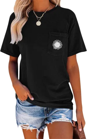 EADINVE Women's Crew Neck Short Sleeve Summer Sunflower Graphic Printed Tee Vintage T-Shirt with Pockets Loose Fitting Tops
