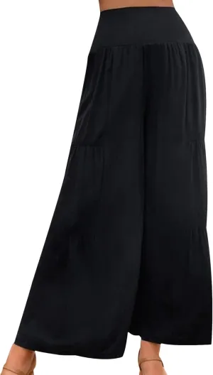 EFOFEI Women's High Waist Wide Leg Long Pants Elastic Cotton Linen Trousers Straight Leg Palazzo Trousers