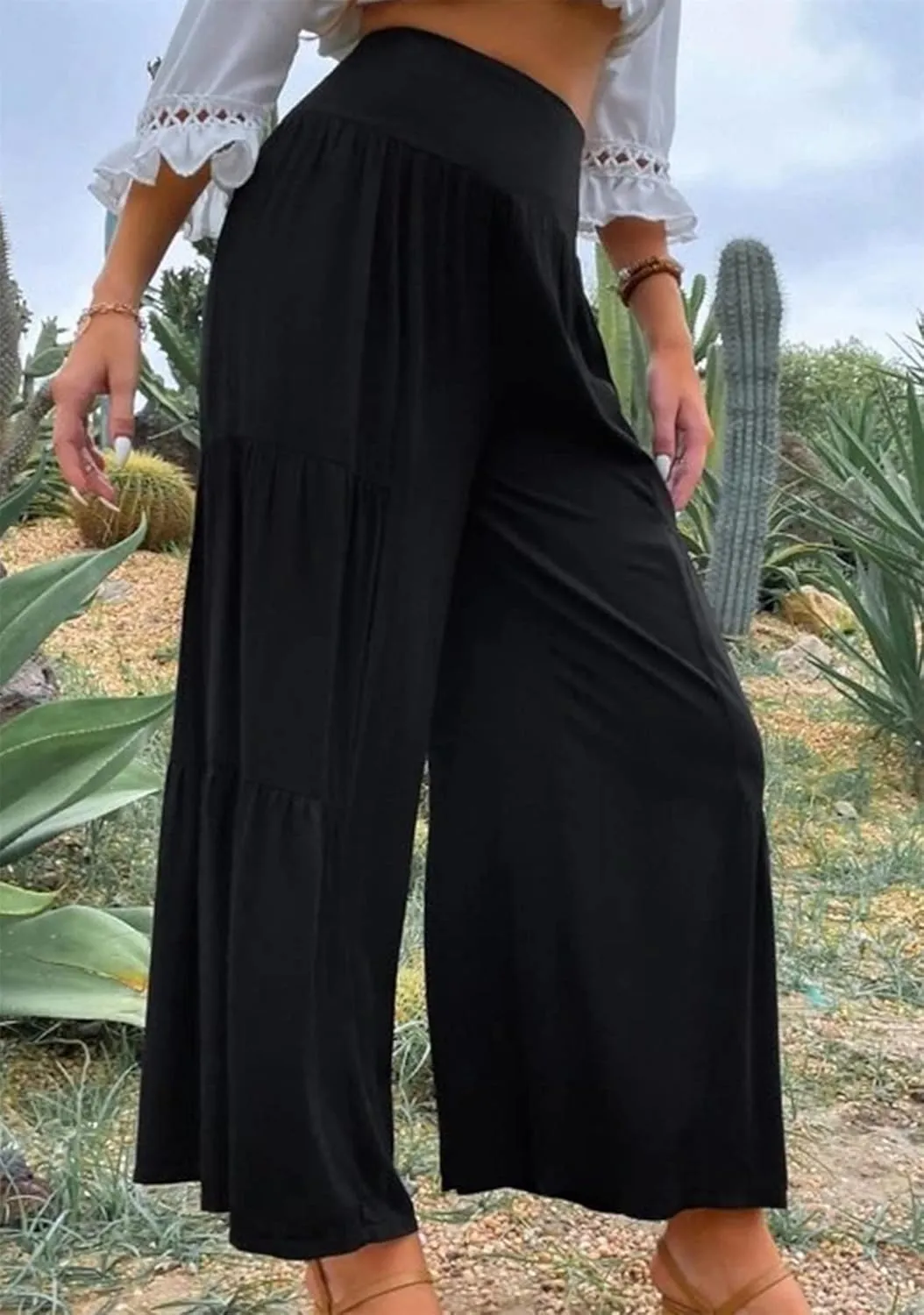 EFOFEI Women's High Waist Wide Leg Long Pants Elastic Cotton Linen Trousers Straight Leg Palazzo Trousers