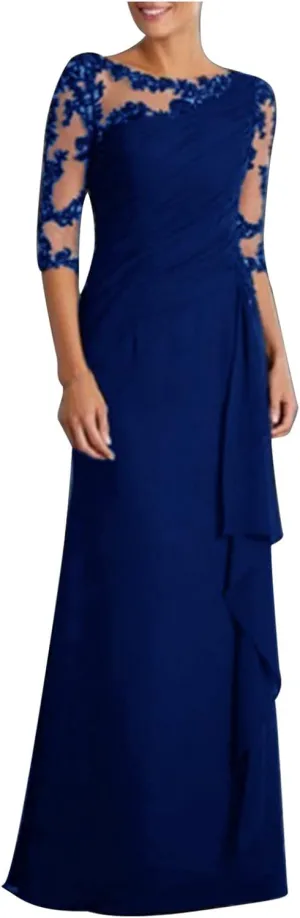 Elegant Dresses for Women Formal Floral Lace Half Sleeve Ruffle Long Dress Fashion Crew Neck Wedding Guest Dresses