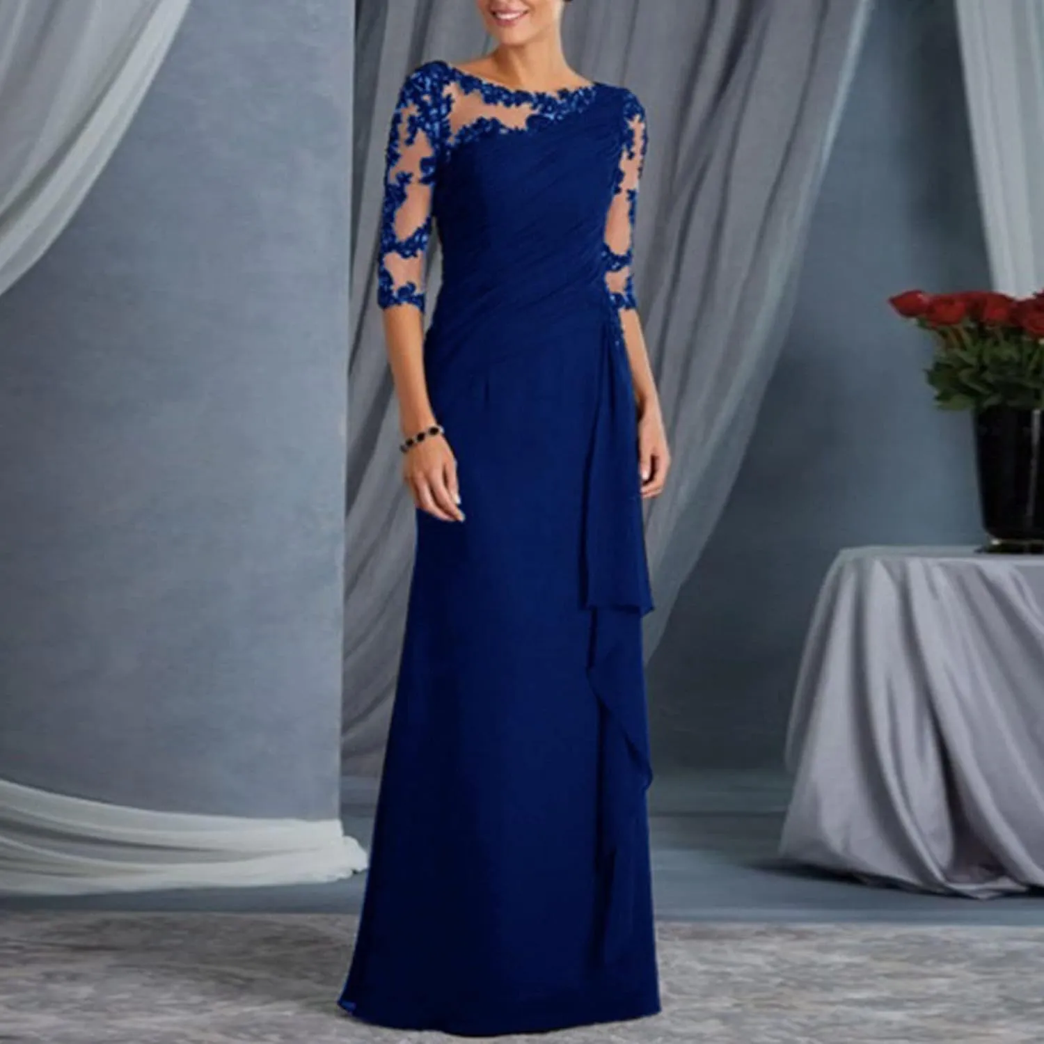 Elegant Dresses for Women Formal Floral Lace Half Sleeve Ruffle Long Dress Fashion Crew Neck Wedding Guest Dresses