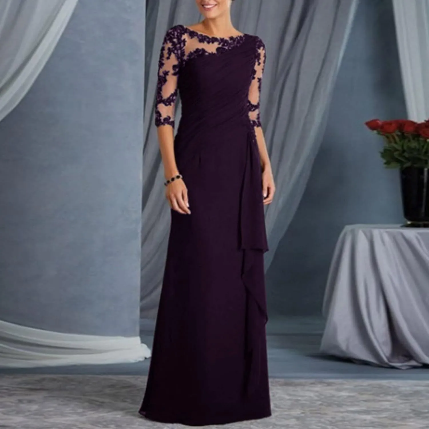 Elegant Dresses for Women Formal Floral Lace Half Sleeve Ruffle Long Dress Fashion Crew Neck Wedding Guest Dresses