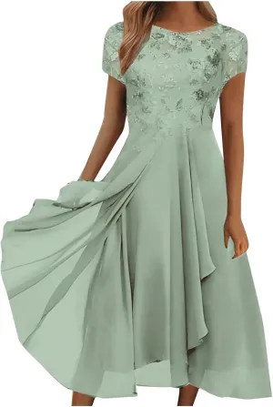 Elegant Embroidery Women Midi Dresses Summer Flowy Lace Cap Sleeve Dress 2025 Chiffon Plus Size Formal Evening Gowns