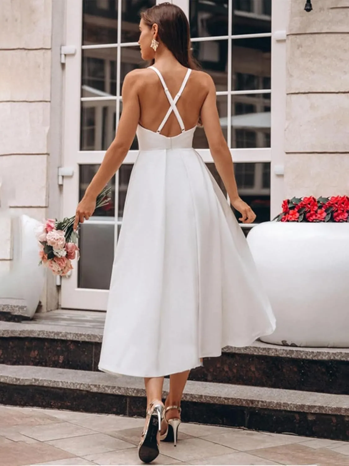 Elegant Off The Shoulder Short Wedding Dresses for Bride Modest Pleated Satin Mini Bridal Shower Dress for Women