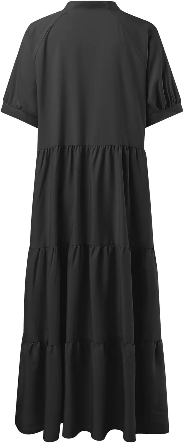EMRELOD Women's Summer Dresses 2024 Casual Short Sleeve Button Loose Fit Pleated Boho Flowy Swing Long Beach Sun Dress