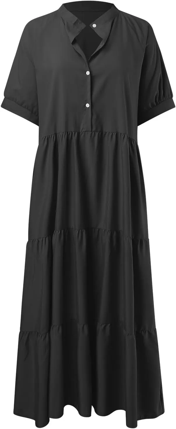 EMRELOD Women's Summer Dresses 2024 Casual Short Sleeve Button Loose Fit Pleated Boho Flowy Swing Long Beach Sun Dress