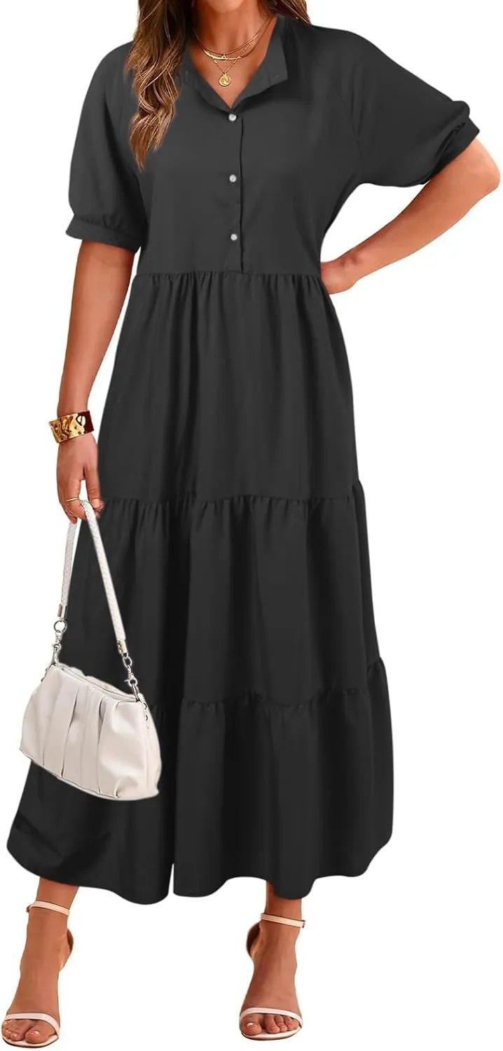 EMRELOD Women's Summer Dresses 2024 Casual Short Sleeve Button Loose Fit Pleated Boho Flowy Swing Long Beach Sun Dress
