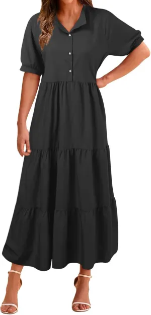 EMRELOD Women's Summer Dresses 2024 Casual Short Sleeve Button Loose Fit Pleated Boho Flowy Swing Long Beach Sun Dress