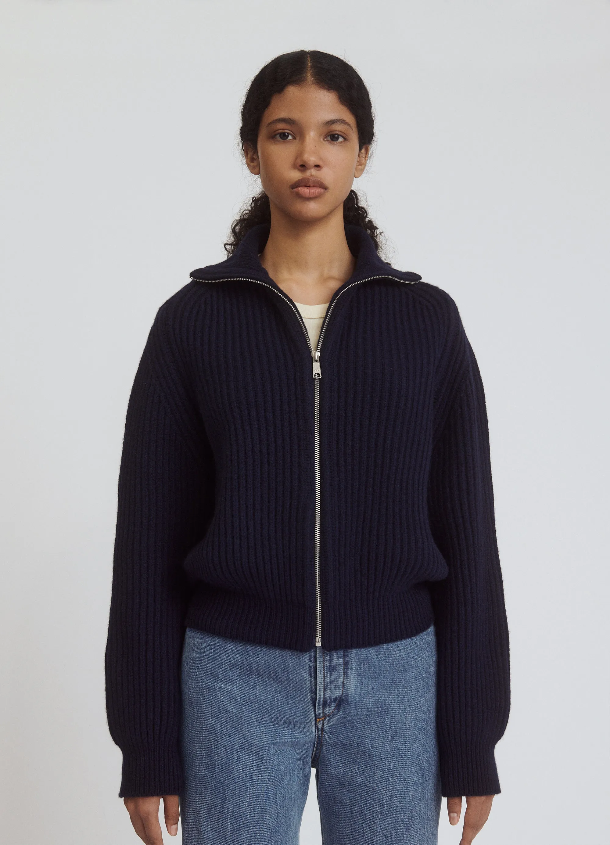 Enda Rib Zip Jacket in Dark Navy