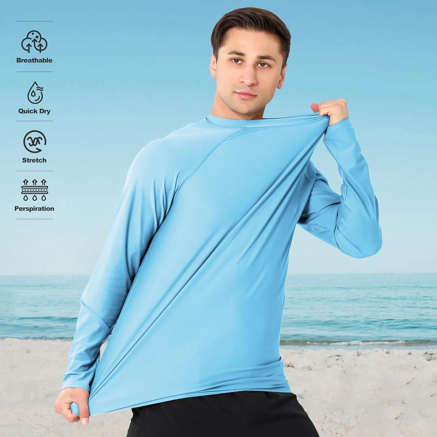 ESTAMICO 2 Pack Men Rash Guard Quick Dry Long Sleeve Swim Shirts UPF 50  UV Sun Protection Swim Tee