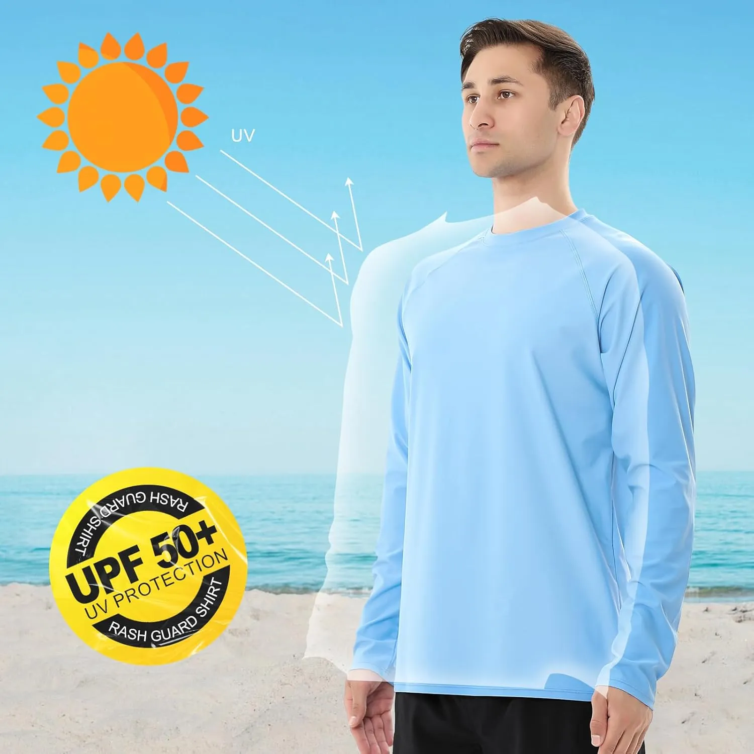 ESTAMICO 2 Pack Men Rash Guard Quick Dry Long Sleeve Swim Shirts UPF 50  UV Sun Protection Swim Tee