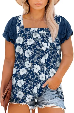 Eytino Womens Plus Size Tops Ruffle Short Sleeve Square Neck Summer Loose Casual Tee Shirts(1X-5X)