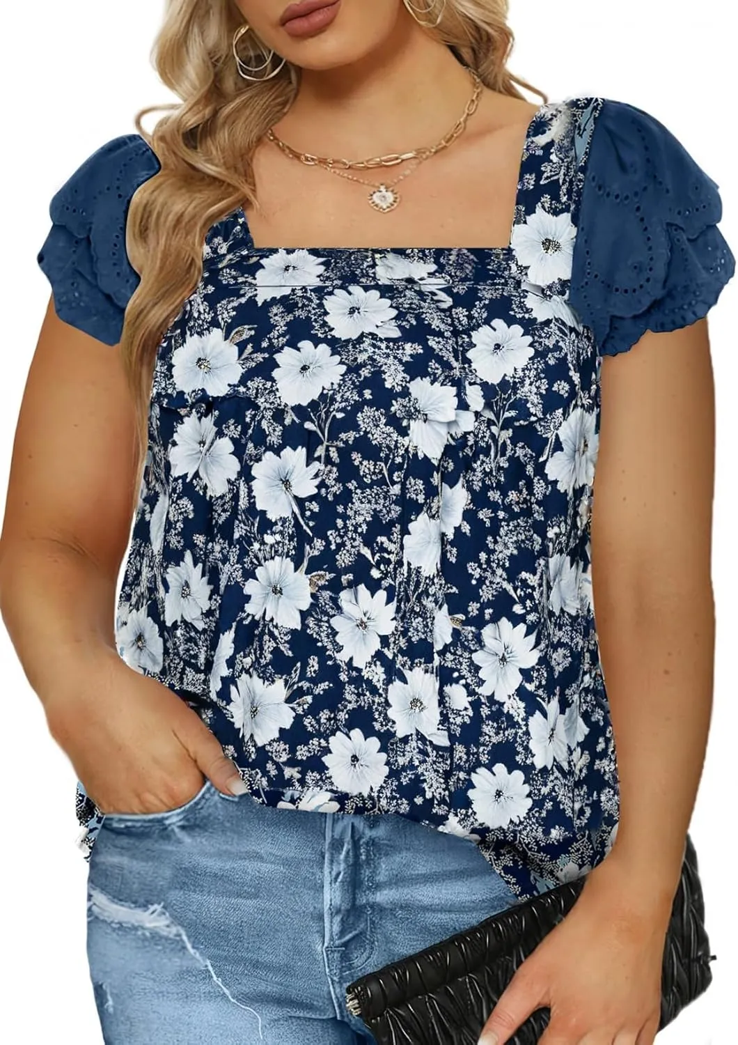 Eytino Womens Plus Size Tops Ruffle Short Sleeve Square Neck Summer Loose Casual Tee Shirts(1X-5X)