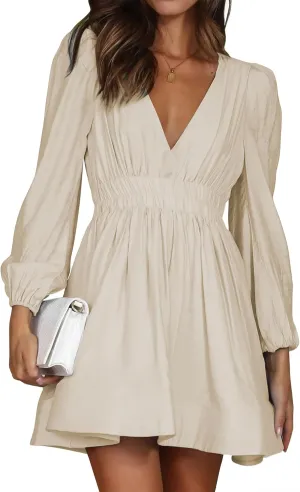 FAIABLE Mini Dress Deep V Sexy Dress Long Sleeve Dress for Women A-line High Waisted Casual Flowy Dress