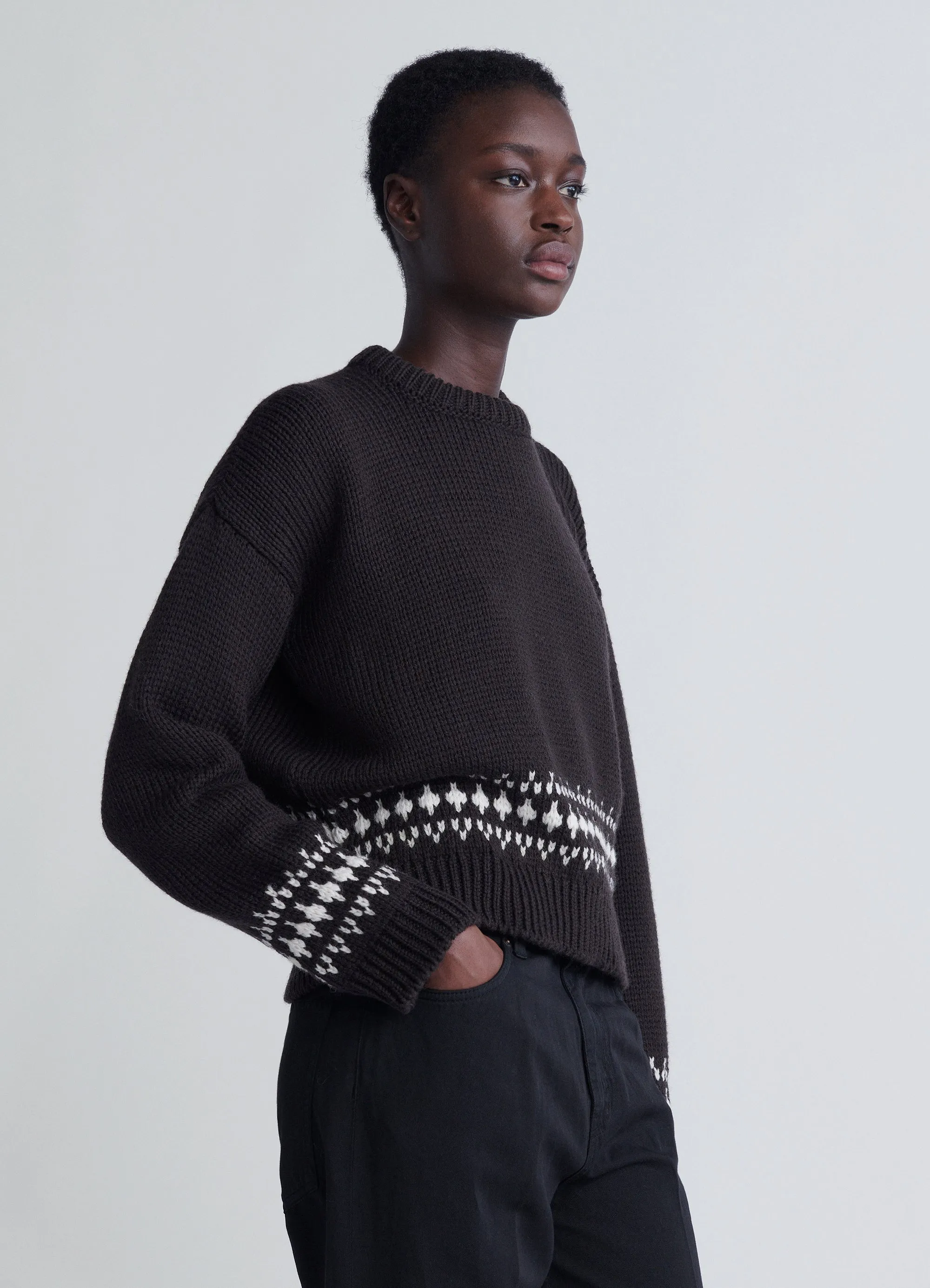 Fallon Fairisle Crop Crewneck in Dark Brown