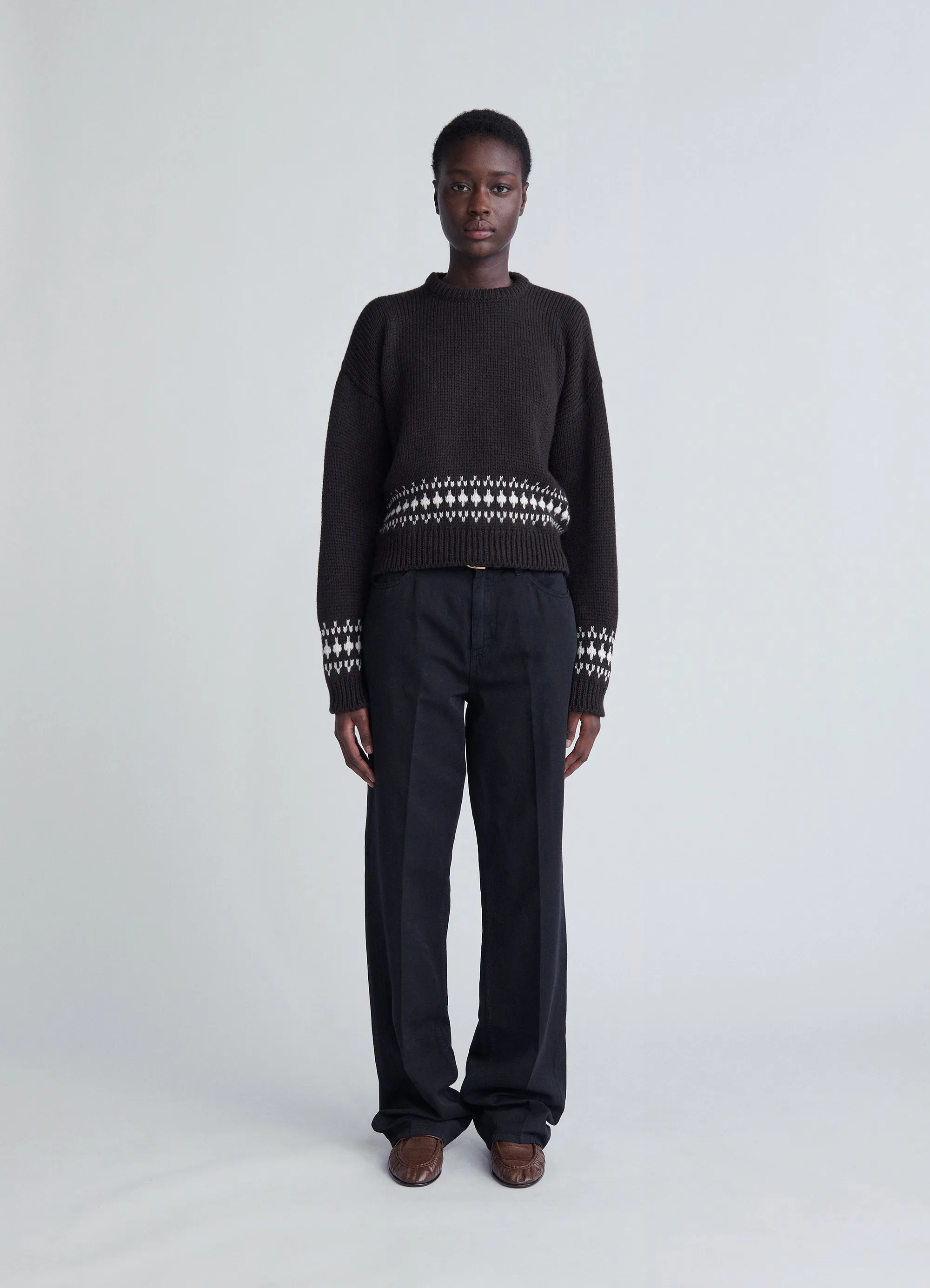 Fallon Fairisle Crop Crewneck in Dark Brown