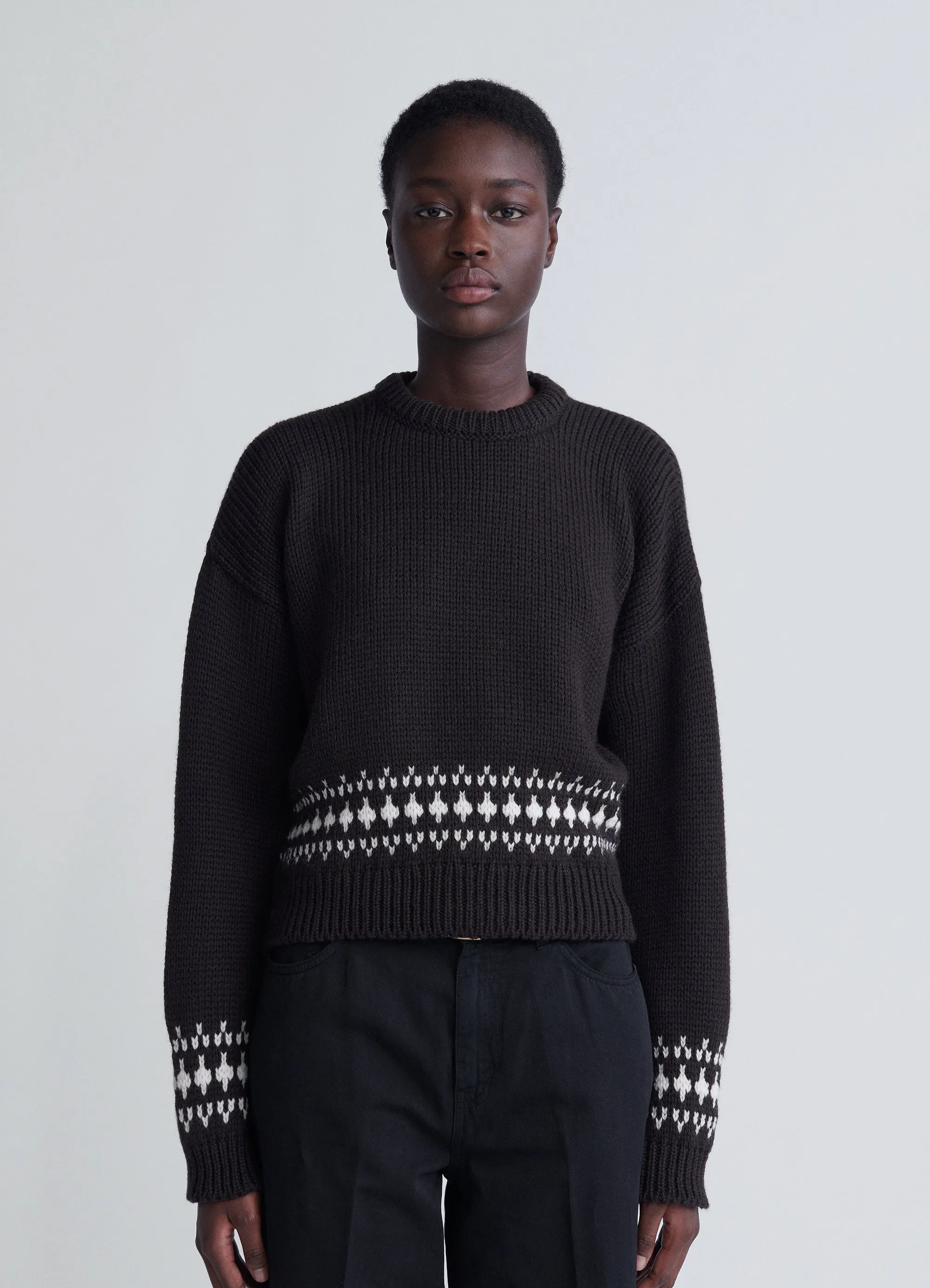 Fallon Fairisle Crop Crewneck in Dark Brown
