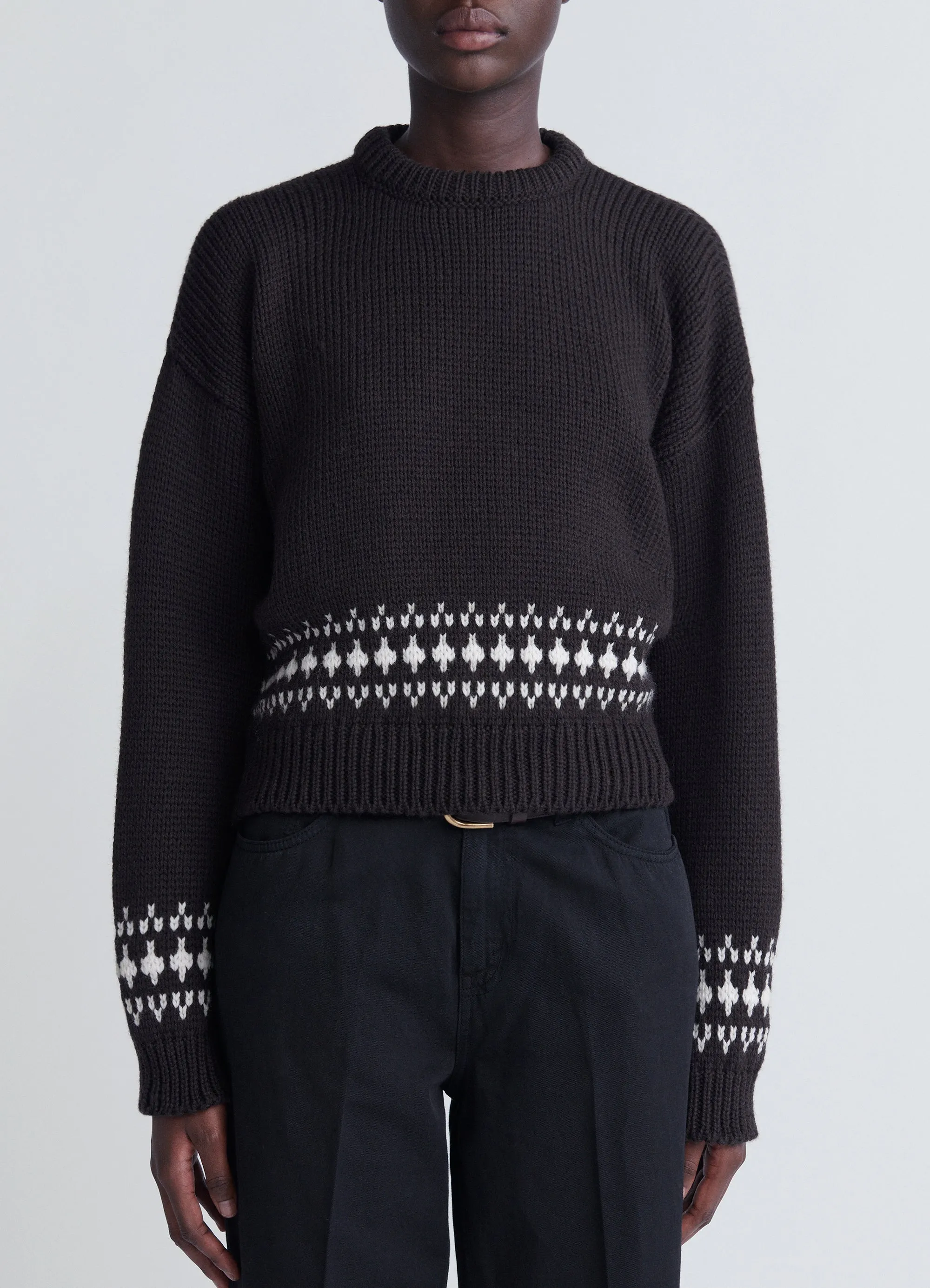 Fallon Fairisle Crop Crewneck in Dark Brown