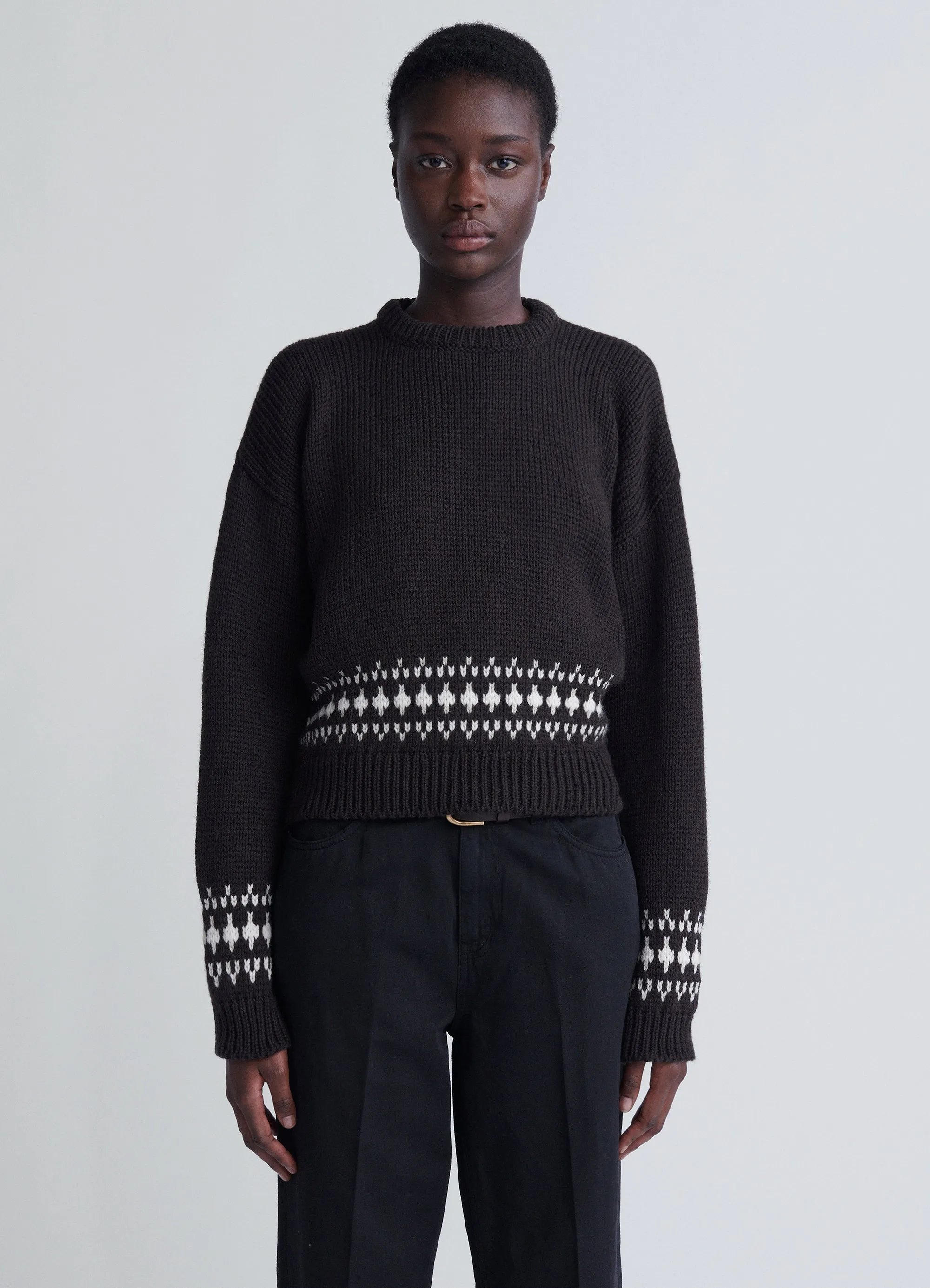 Fallon Fairisle Crop Crewneck in Dark Brown